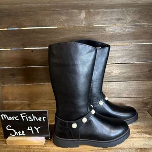 NIB Big Girls Marc Fisher Poppy Pearl Black Faux Leather Knee High‎ Boots Size 4